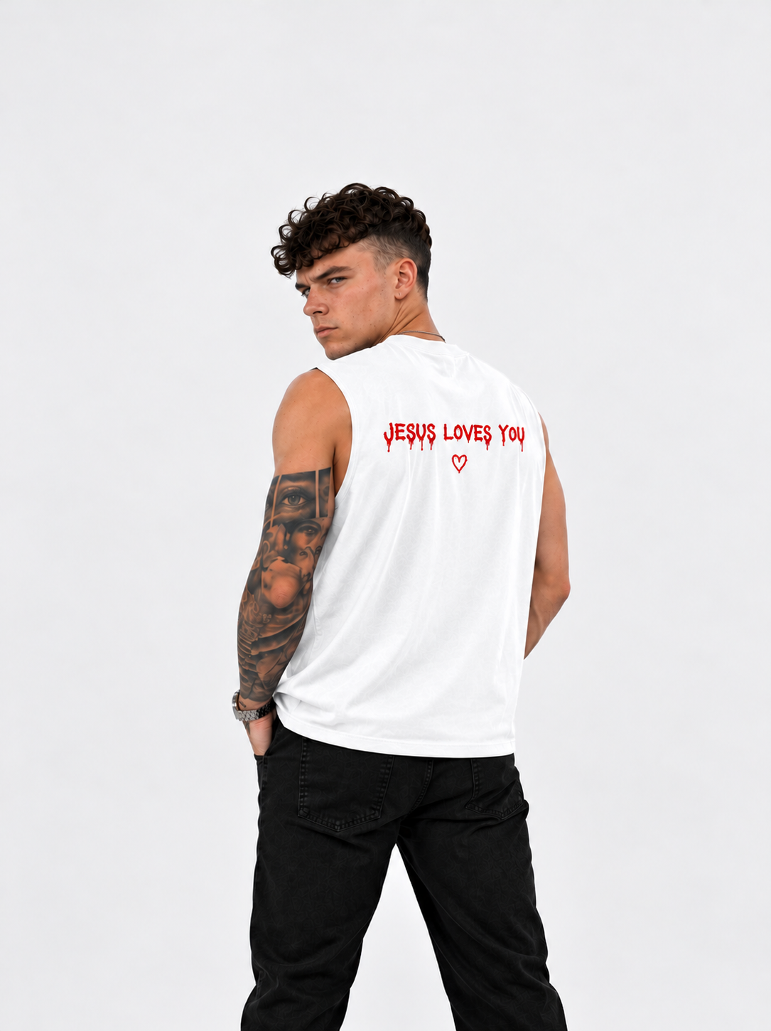 Jesus Loves You Muscle Tank — Minimal Christ Portrait Front, 'Jesus Loves You' Back