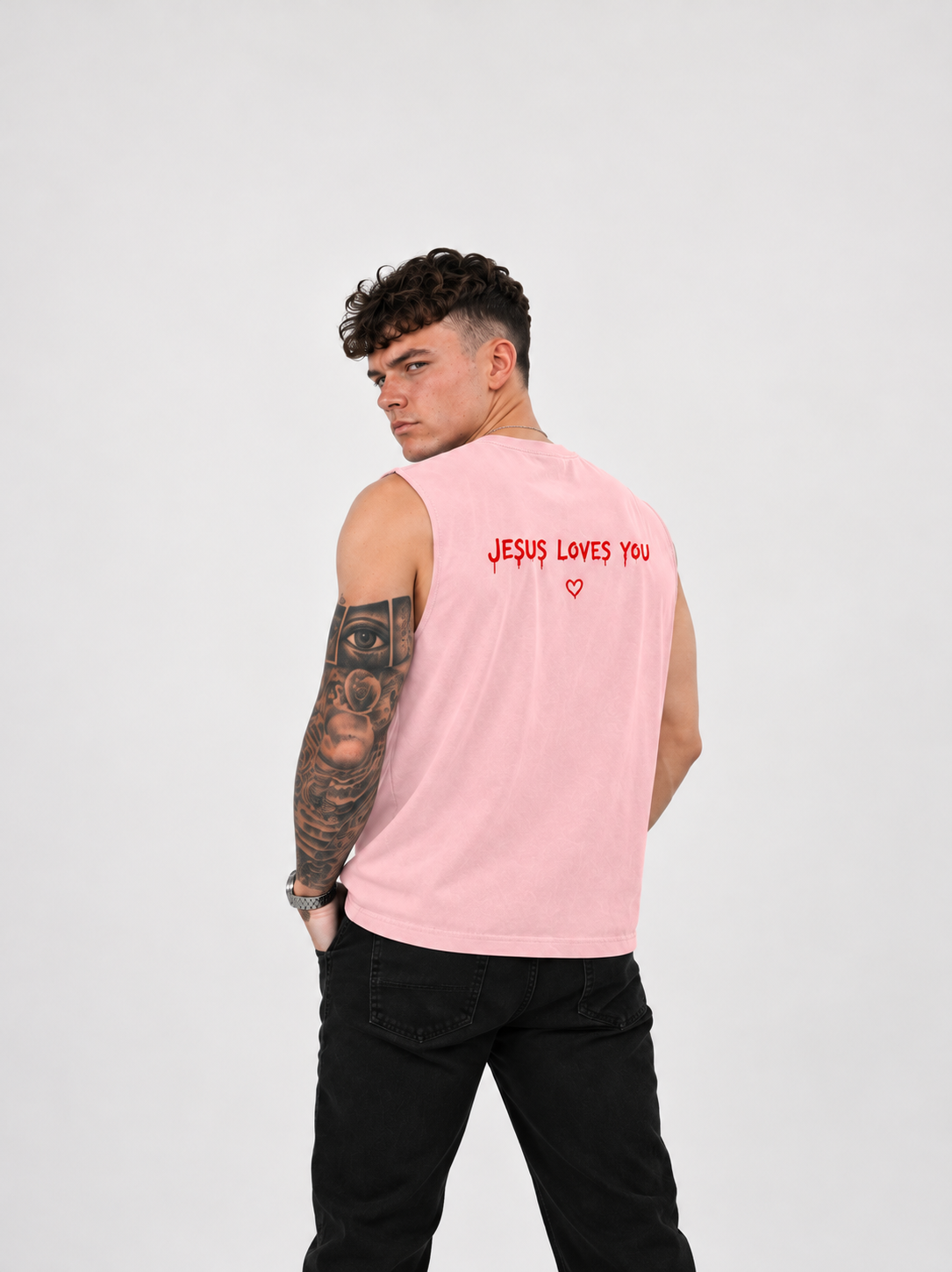 Jesus Loves You Muscle Tank — Minimal Christ Portrait Front, 'Jesus Loves You' Back
