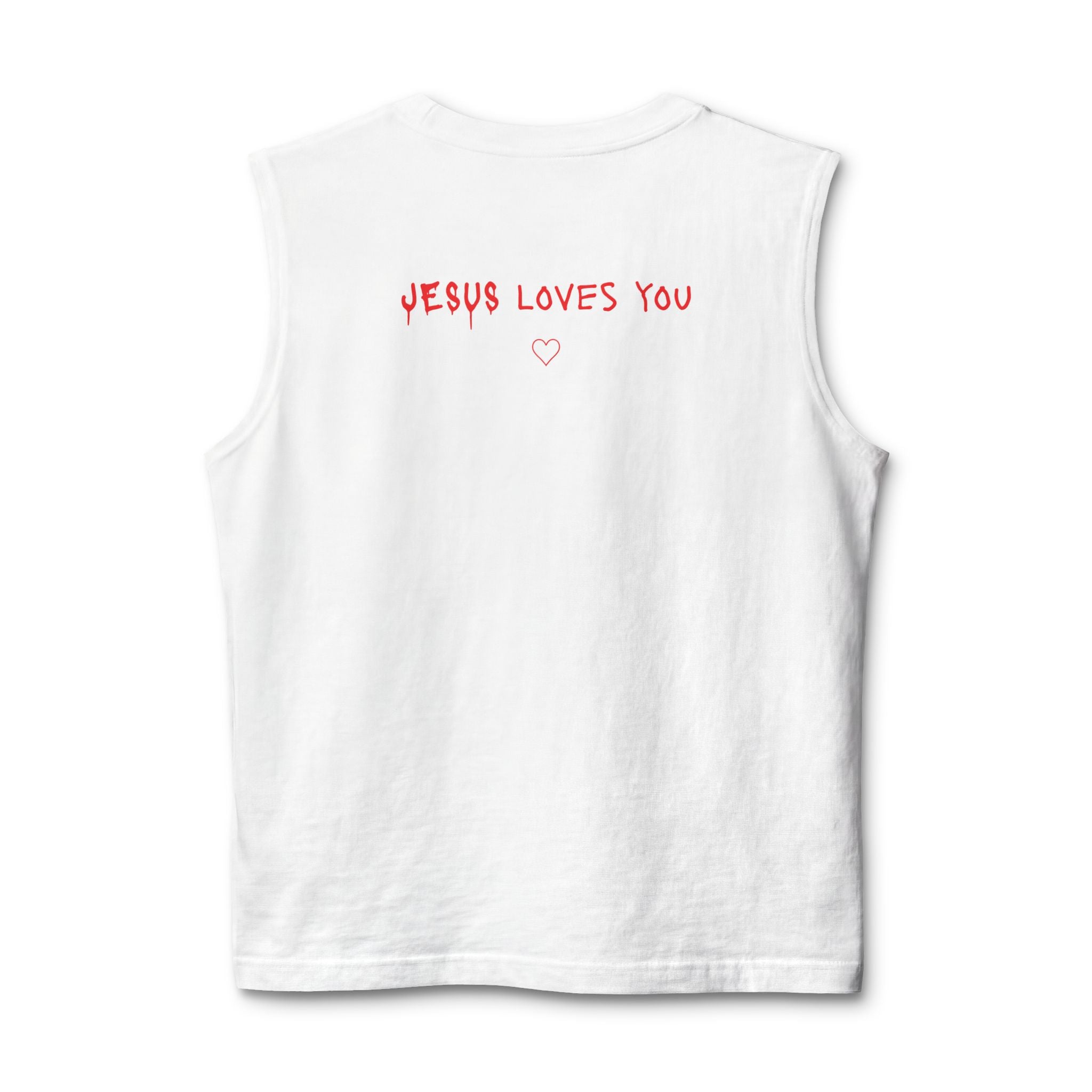 Jesus Loves You Muscle Tank — Minimal Christ Portrait Front, 'Jesus Loves You' Back