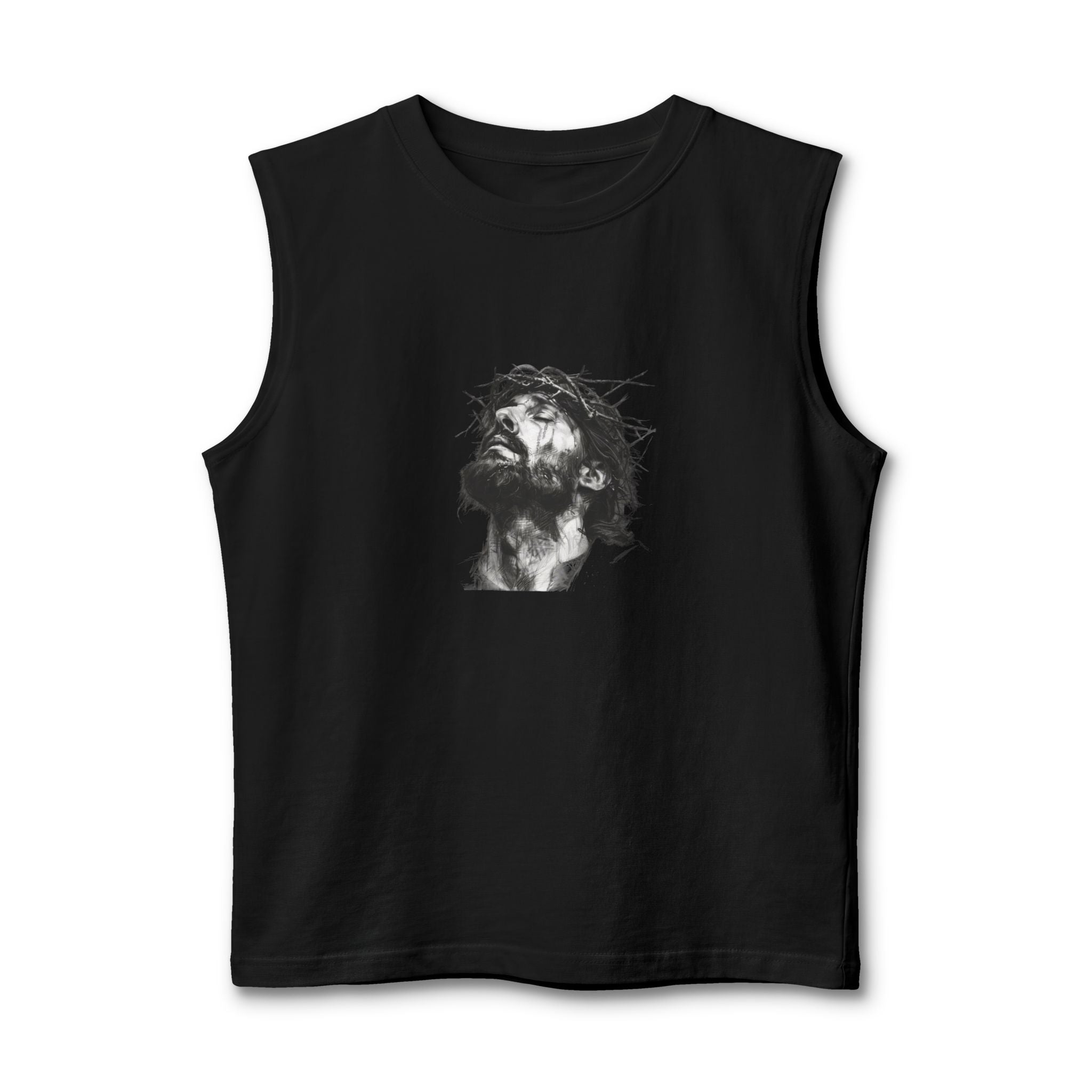Jesus Loves You Muscle Tank — Minimal Christ Portrait Front, 'Jesus Loves You' Back