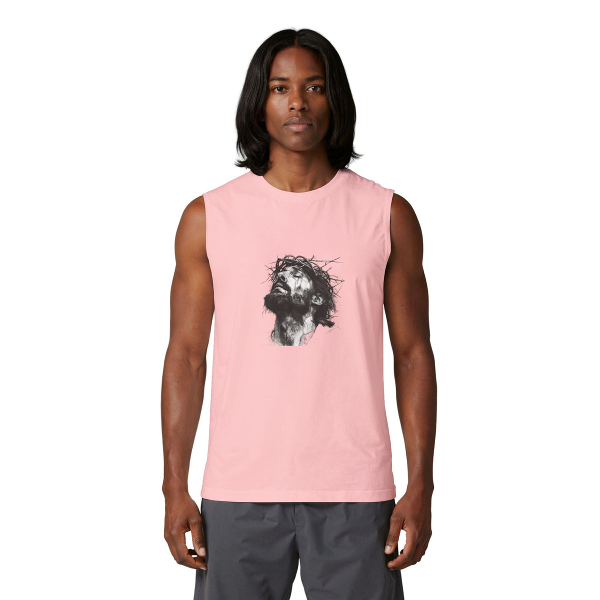 Jesus Loves You Muscle Tank — Minimal Christ Portrait Front, 'Jesus Loves You' Back