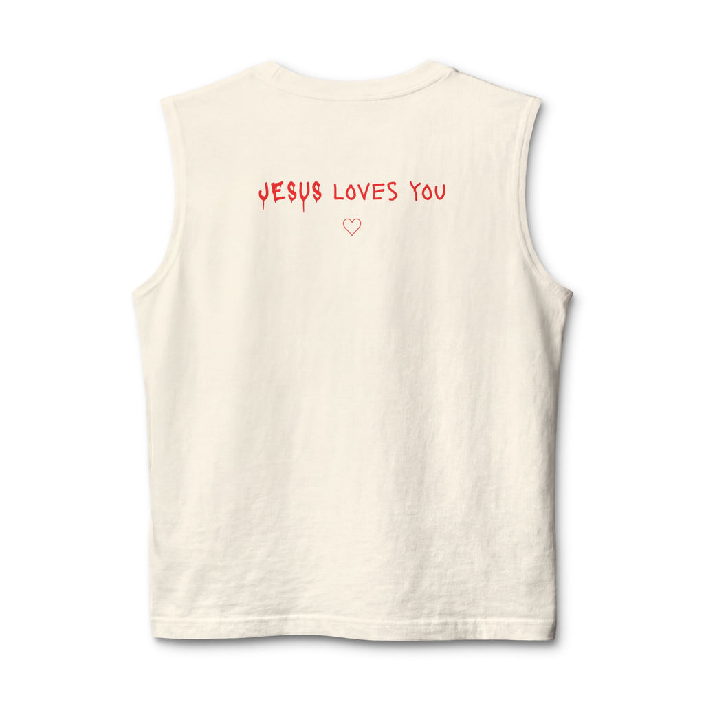 Jesus Loves You Muscle Tank — Minimal Christ Portrait Front, 'Jesus Loves You' Back
