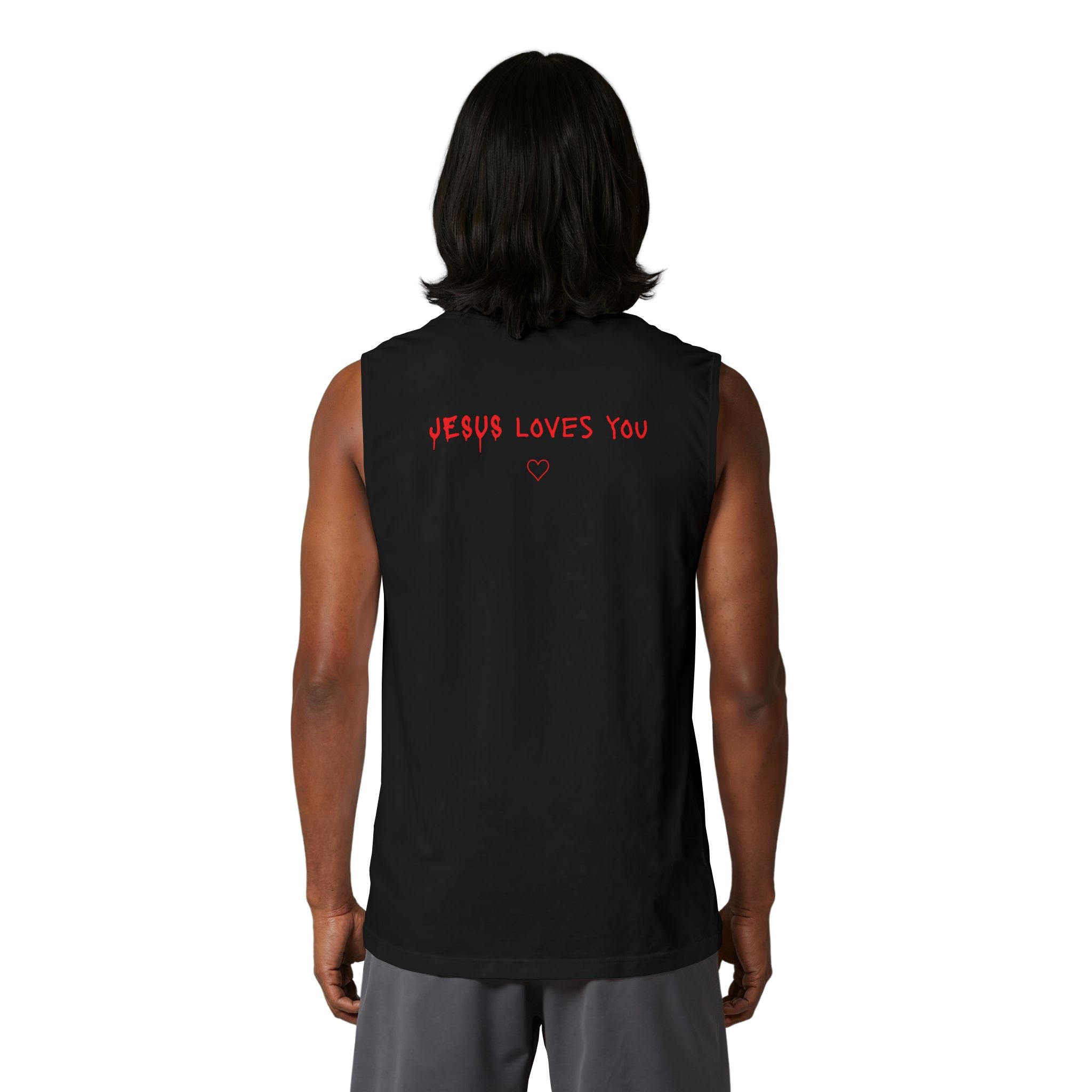 Jesus Loves You Muscle Tank — Minimal Christ Portrait Front, 'Jesus Loves You' Back
