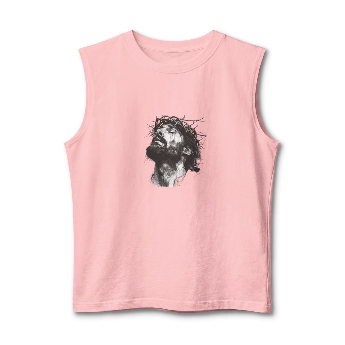 Jesus Loves You Muscle Tank — Minimal Christ Portrait Front, 'Jesus Loves You' Back