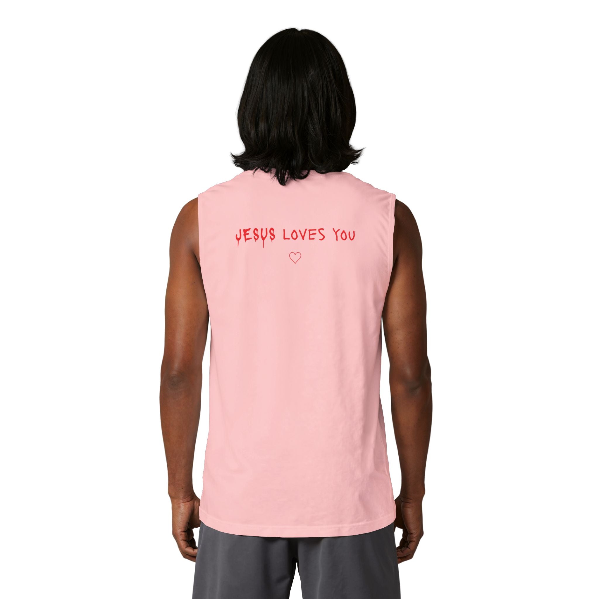 Jesus Loves You Muscle Tank — Minimal Christ Portrait Front, 'Jesus Loves You' Back