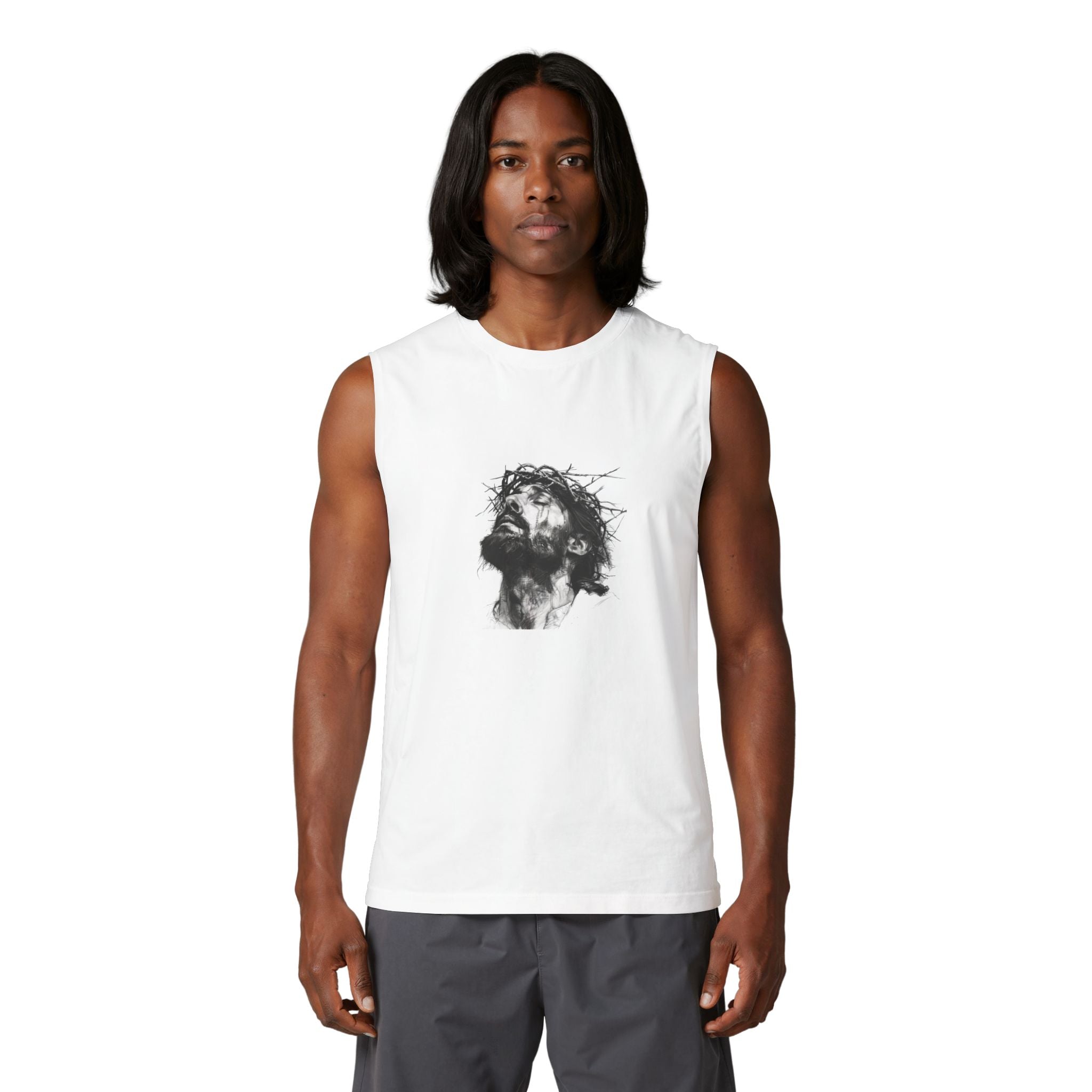Jesus Loves You Muscle Tank — Minimal Christ Portrait Front, 'Jesus Loves You' Back