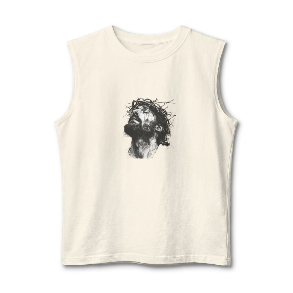 Jesus Loves You Muscle Tank — Minimal Christ Portrait Front, 'Jesus Loves You' Back