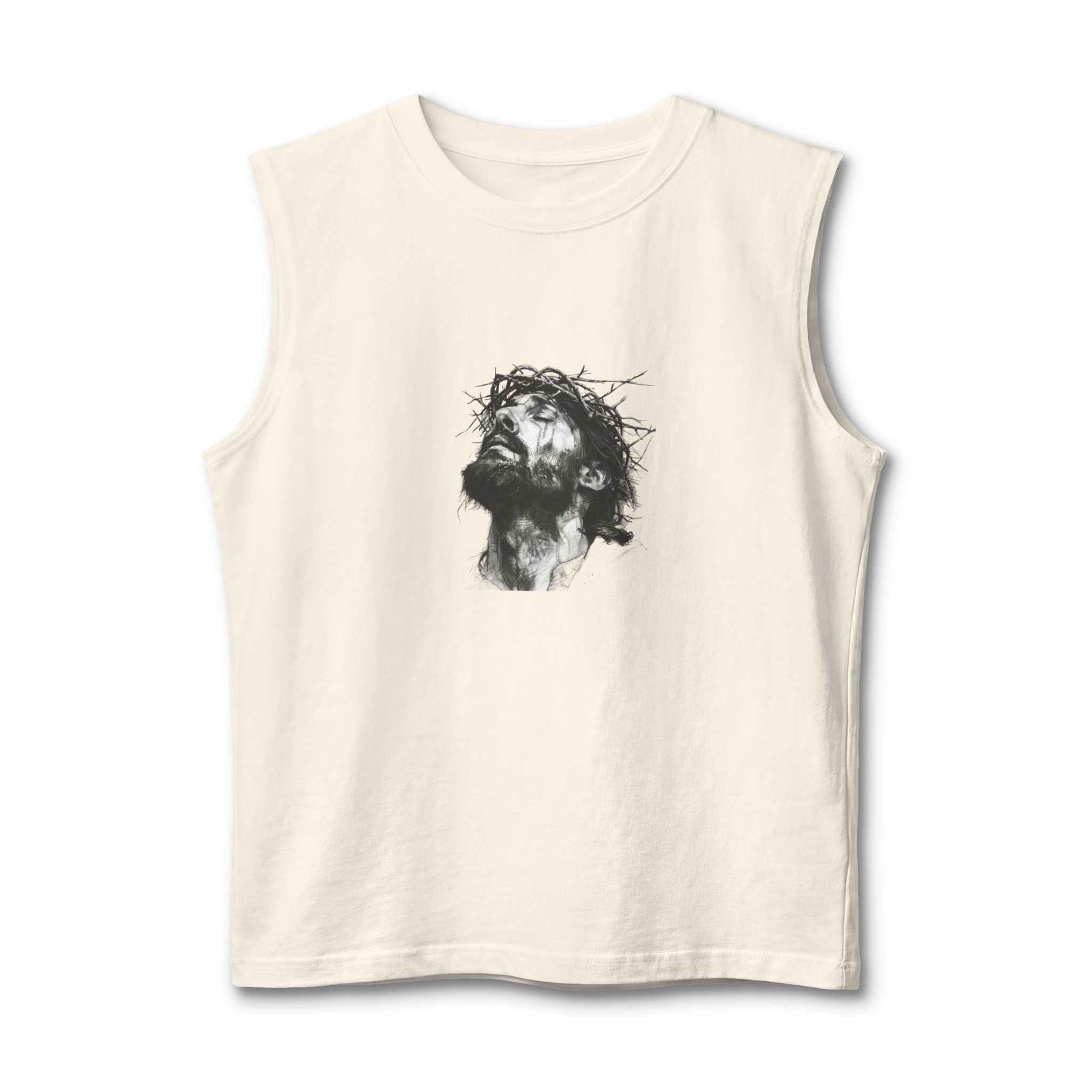 Jesus Loves You Muscle Tank — Minimal Christ Portrait Front, 'Jesus Loves You' Back
