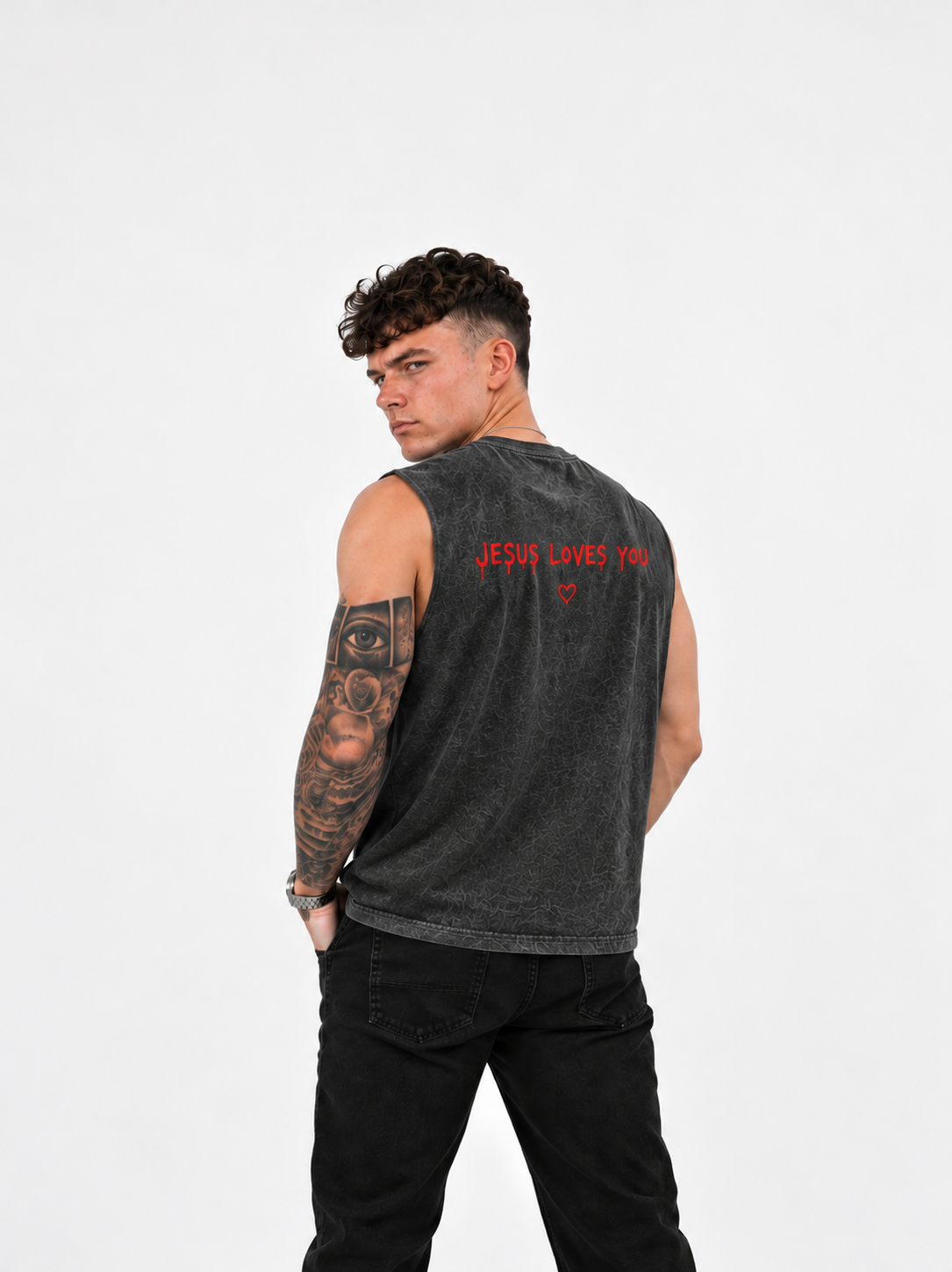 Jesus Loves You Muscle Tank — Minimal Christ Portrait Front, 'Jesus Loves You' Back