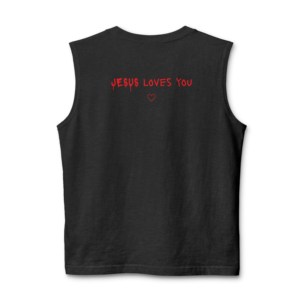 Jesus Loves You Muscle Tank — Minimal Christ Portrait Front, 'Jesus Loves You' Back