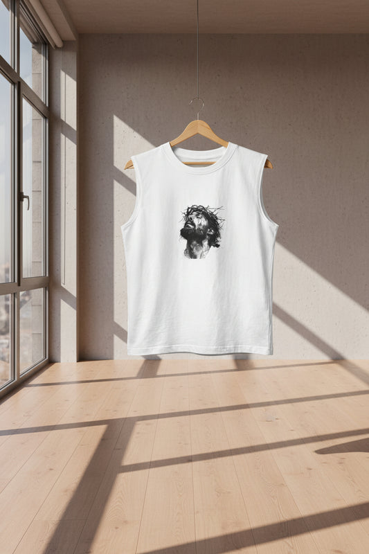 White sleeveless shirt with a black and white graphic design on a white background