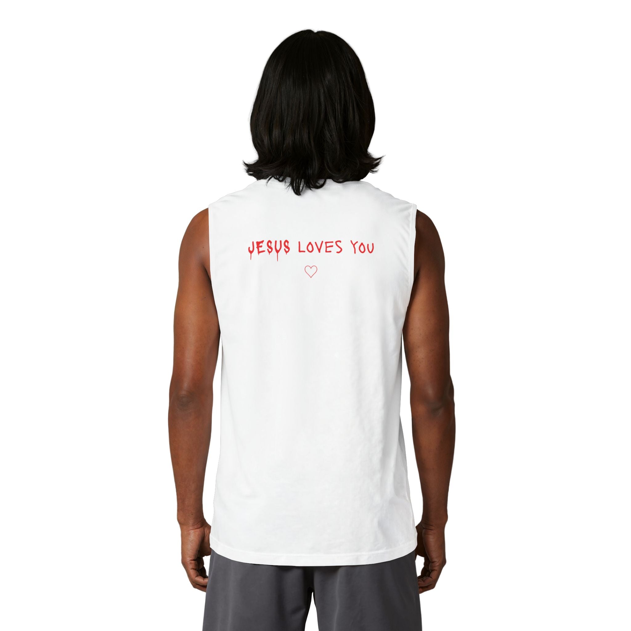 Jesus Loves You Muscle Tank — Minimal Christ Portrait Front, 'Jesus Loves You' Back
