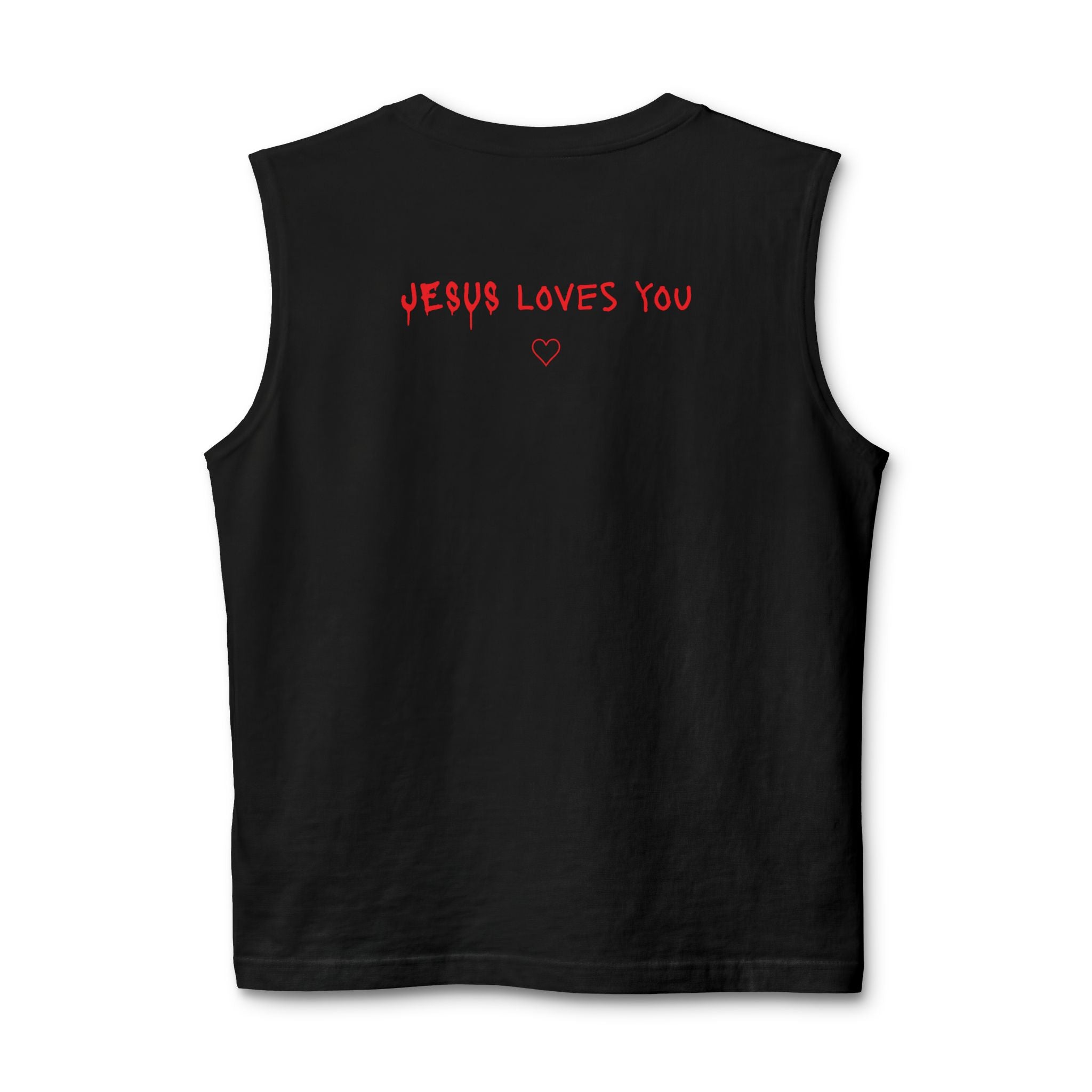 Jesus Loves You Muscle Tank — Minimal Christ Portrait Front, 'Jesus Loves You' Back
