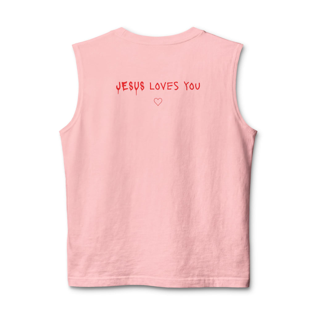 Jesus Loves You Muscle Tank — Minimal Christ Portrait Front, 'Jesus Loves You' Back