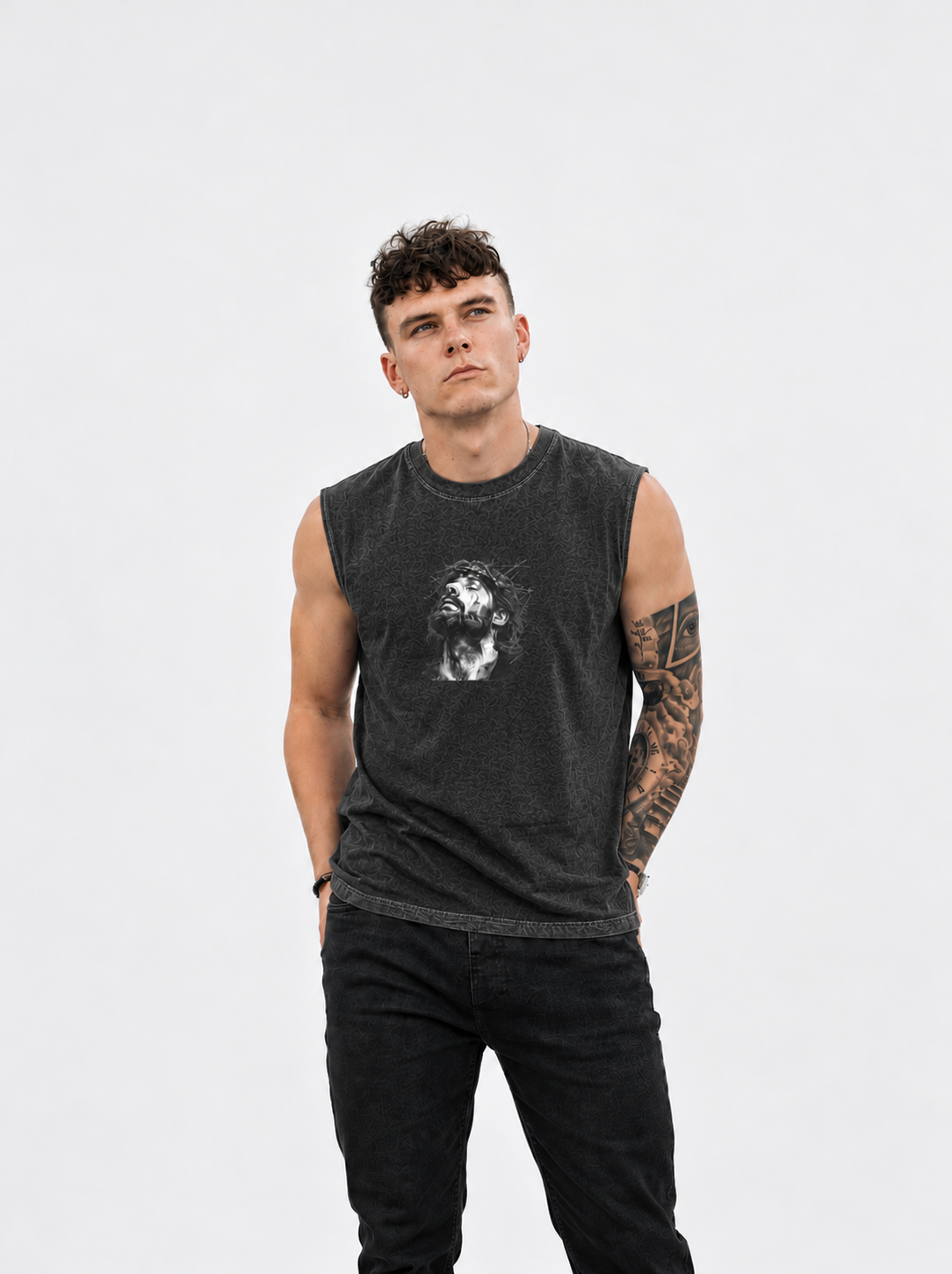 Jesus Loves You Muscle Tank — Minimal Christ Portrait Front, 'Jesus Loves You' Back