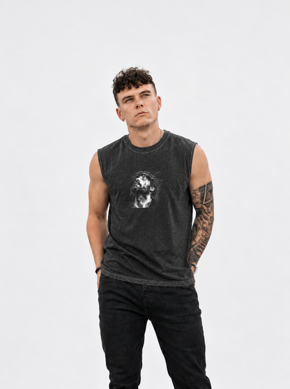 Jesus Loves You Muscle Tank — Minimal Christ Portrait Front, 'Jesus Loves You' Back