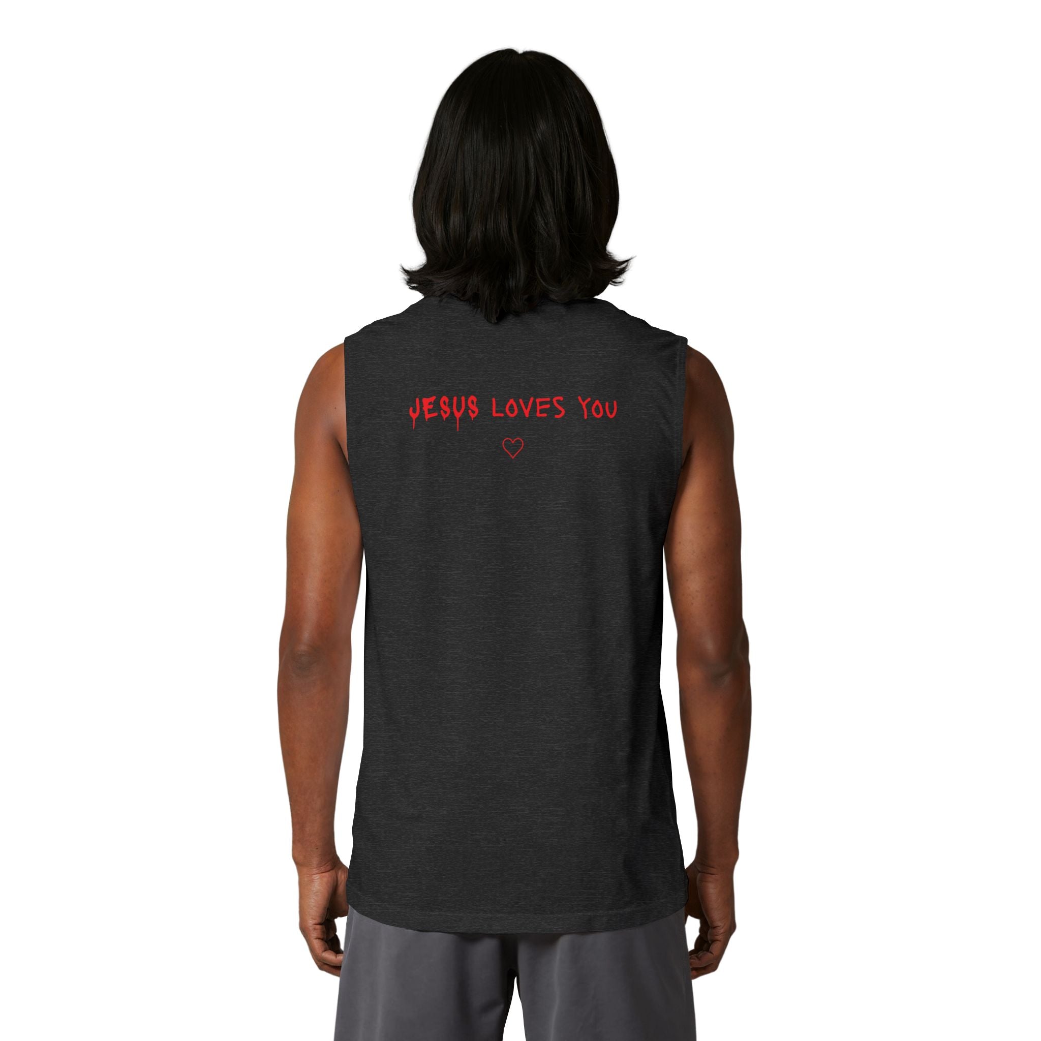 Jesus Loves You Muscle Tank — Minimal Christ Portrait Front, 'Jesus Loves You' Back