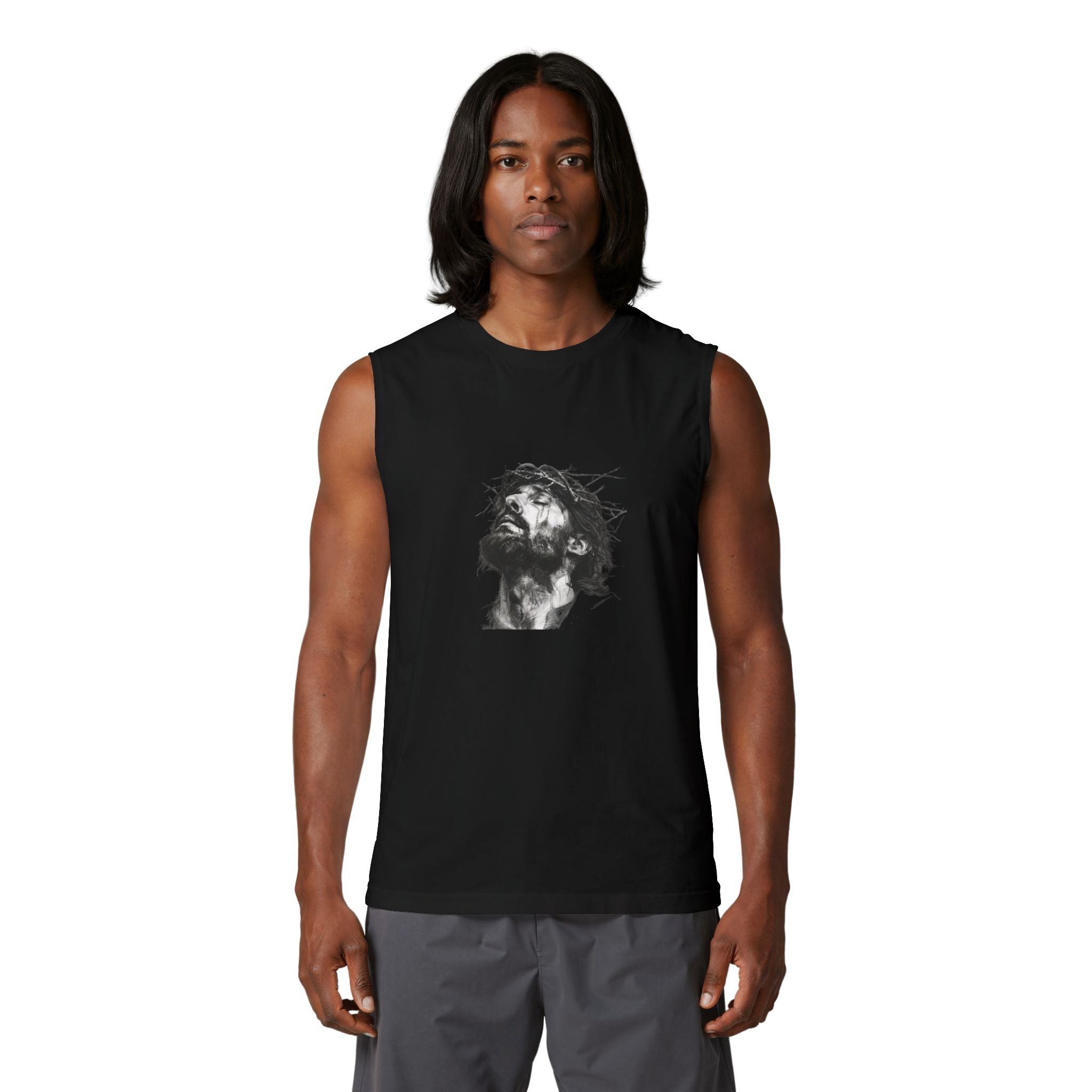 Jesus Loves You Muscle Tank — Minimal Christ Portrait Front, 'Jesus Loves You' Back