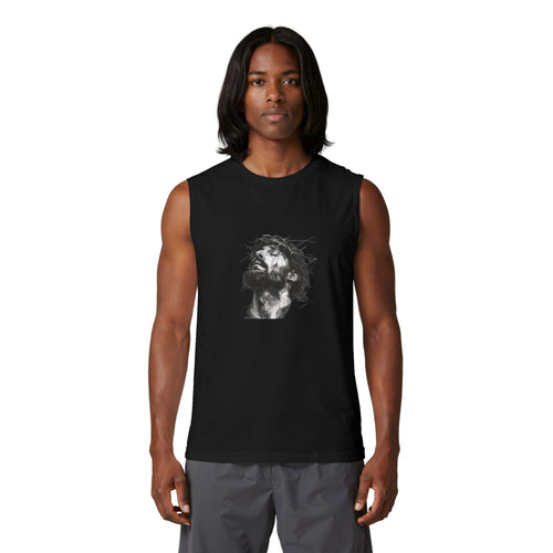Jesus Loves You Muscle Tank — Minimal Christ Portrait Front, 'Jesus Loves You' Back