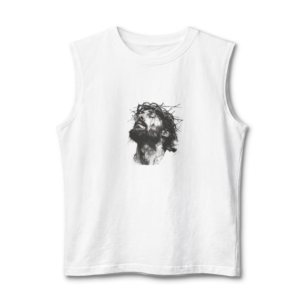 Jesus Loves You Muscle Tank — Minimal Christ Portrait Front, 'Jesus Loves You' Back