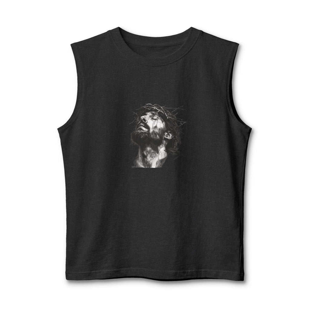 Jesus Loves You Muscle Tank — Minimal Christ Portrait Front, 'Jesus Loves You' Back