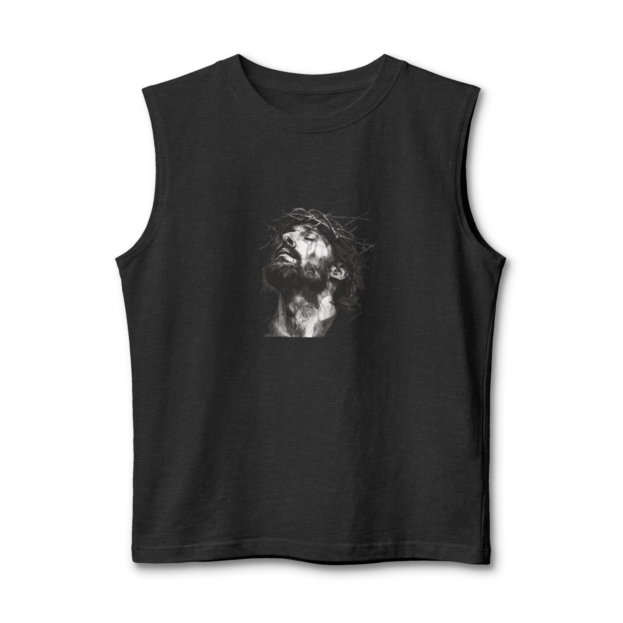 Jesus Loves You Muscle Tank — Minimal Christ Portrait Front, 'Jesus Loves You' Back