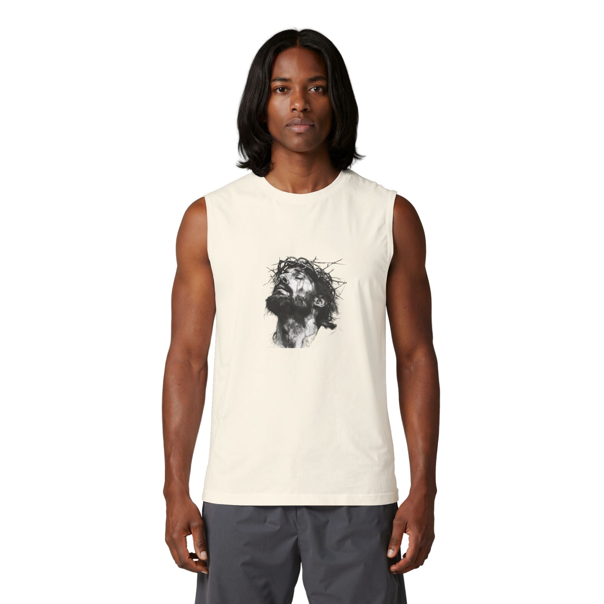 Jesus Loves You Muscle Tank — Minimal Christ Portrait Front, 'Jesus Loves You' Back
