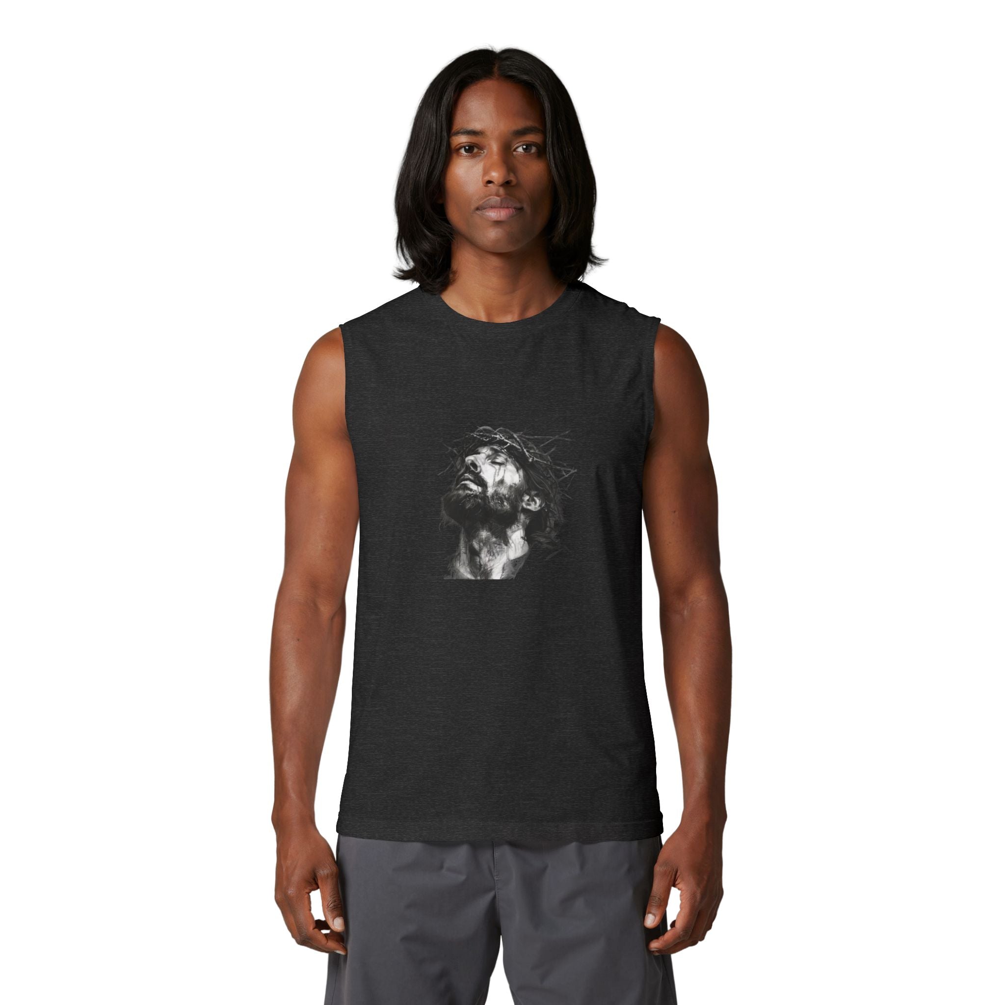 Jesus Loves You Muscle Tank — Minimal Christ Portrait Front, 'Jesus Loves You' Back