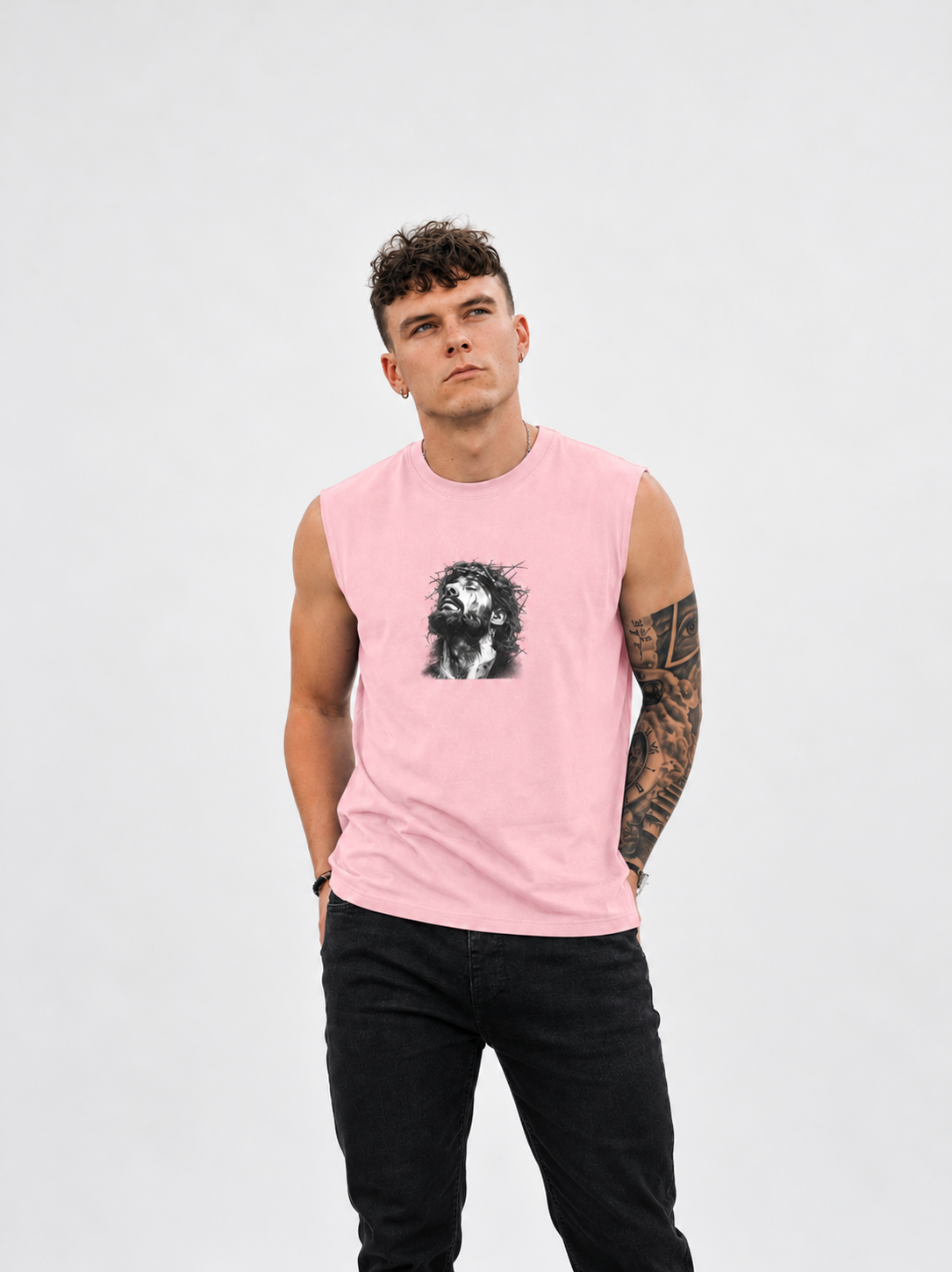 Jesus Loves You Muscle Tank — Minimal Christ Portrait Front, 'Jesus Loves You' Back