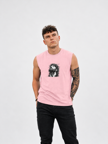 Jesus Loves You Muscle Tank — Minimal Christ Portrait Front, 'Jesus Loves You' Back