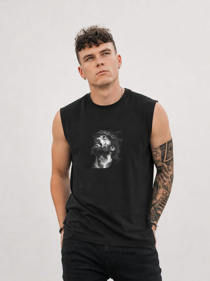 Jesus Loves You Muscle Tank — Minimal Christ Portrait Front, 'Jesus Loves You' Back