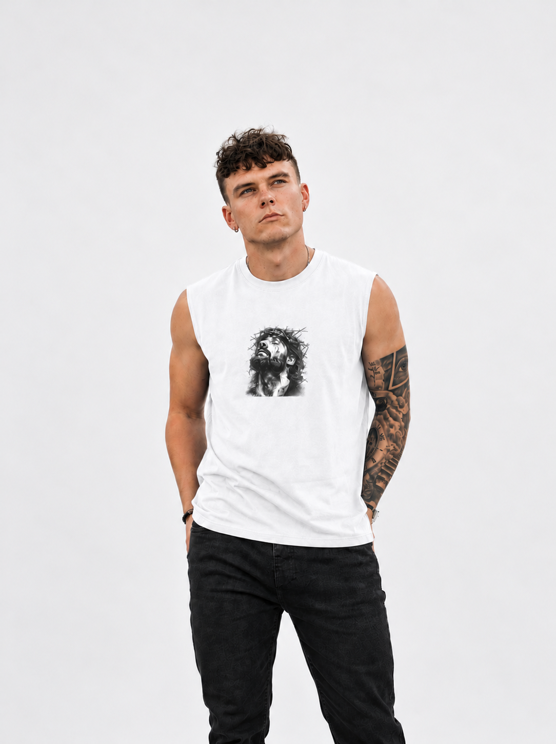 Jesus Loves You Muscle Tank — Minimal Christ Portrait Front, 'Jesus Loves You' Back