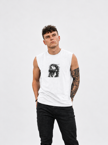 Jesus Loves You Muscle Tank — Minimal Christ Portrait Front, 'Jesus Loves You' Back
