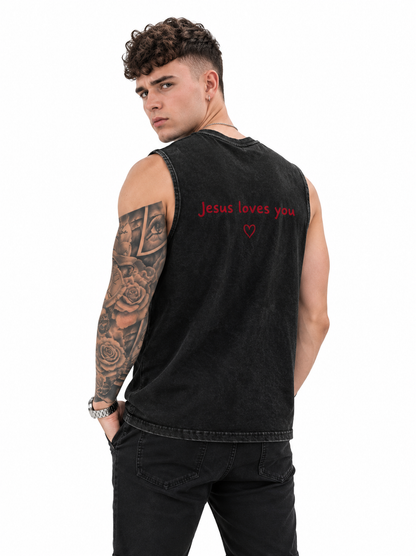 Jesus Loves You Muscle Tank — Minimal Christ Portrait Front, 'Jesus Loves You' Back